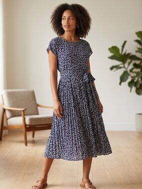 NWT | IDOPIP | Navy Blue White Floral Pleated Midi Dress with Matching Belt | La